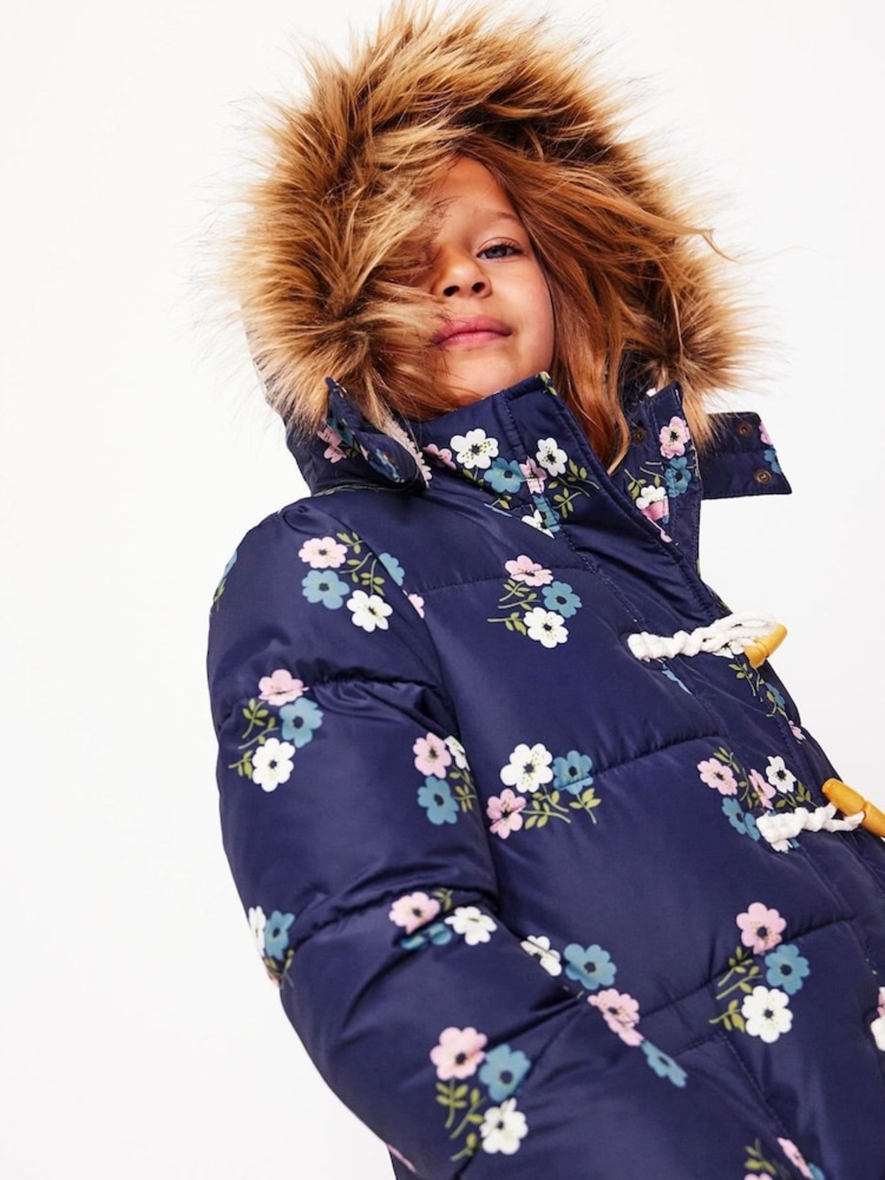 Mini Boden Navy Floral Puffer Coat with Faux-Fur Hood Trim